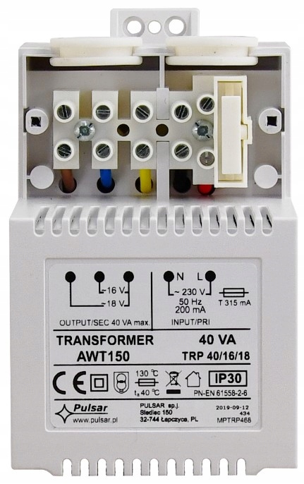 Transformator do central alarmowych Pulsar AWT050 Typ alarmu przewodowy