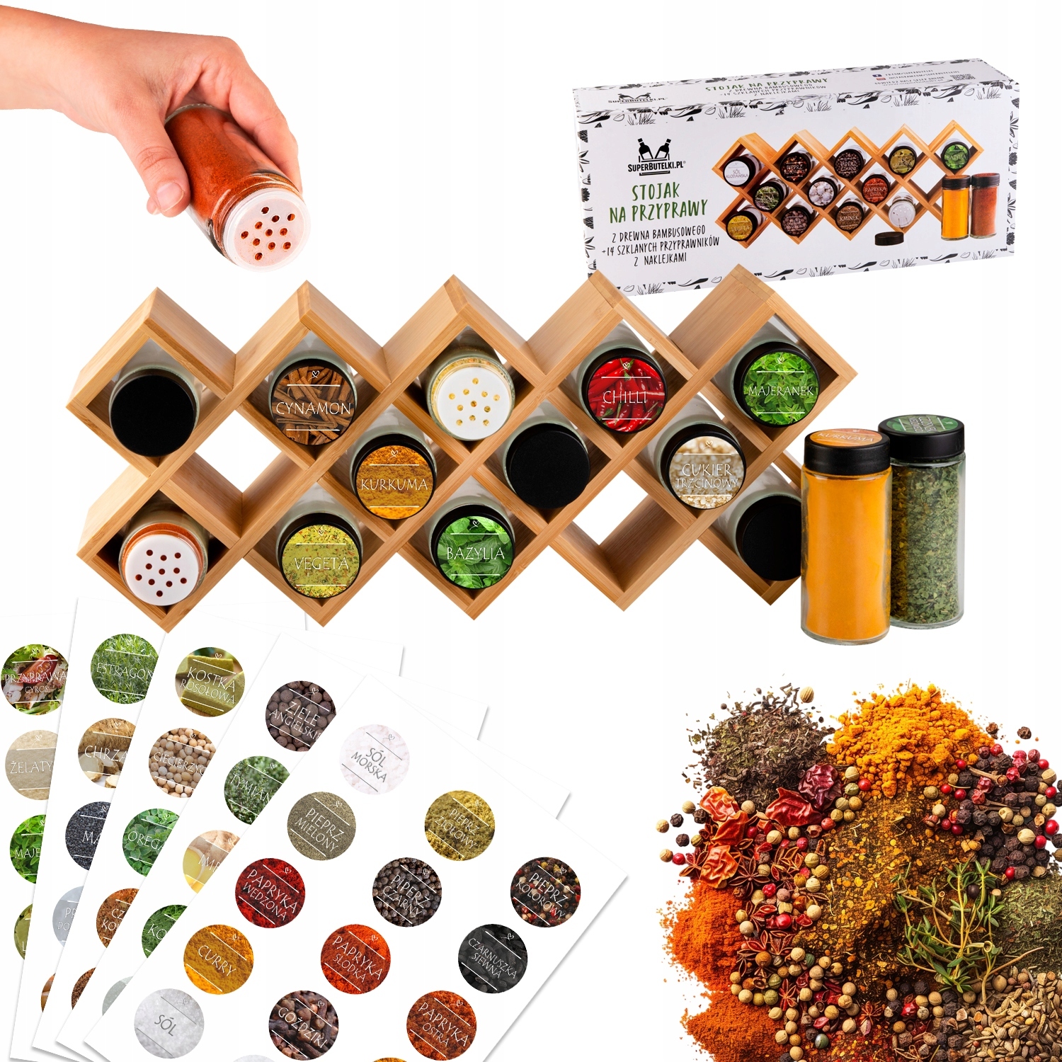 Dřevěný Organizér Na Koření Se Skleničkami 14 Ks A Štítky