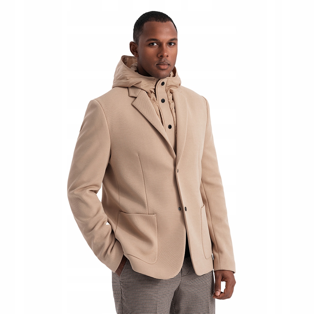 Pánské sako s vložkou a kapucí, světle hnědé V1 OM-BLZB-0133 M