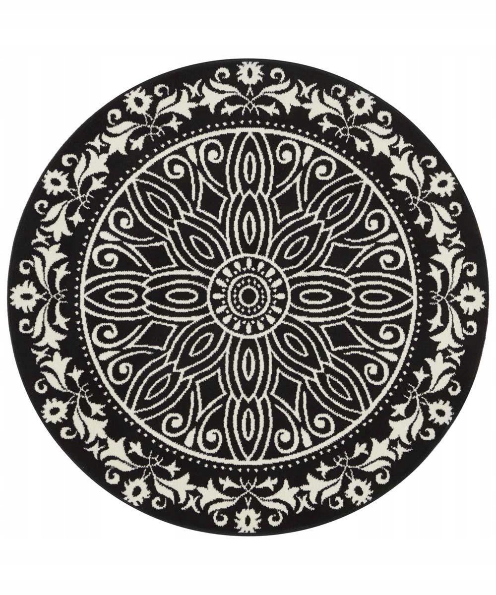 Kulatý moderní koberec do obývacího pokoje, černo krémový vzor Mandala 140 Cm
