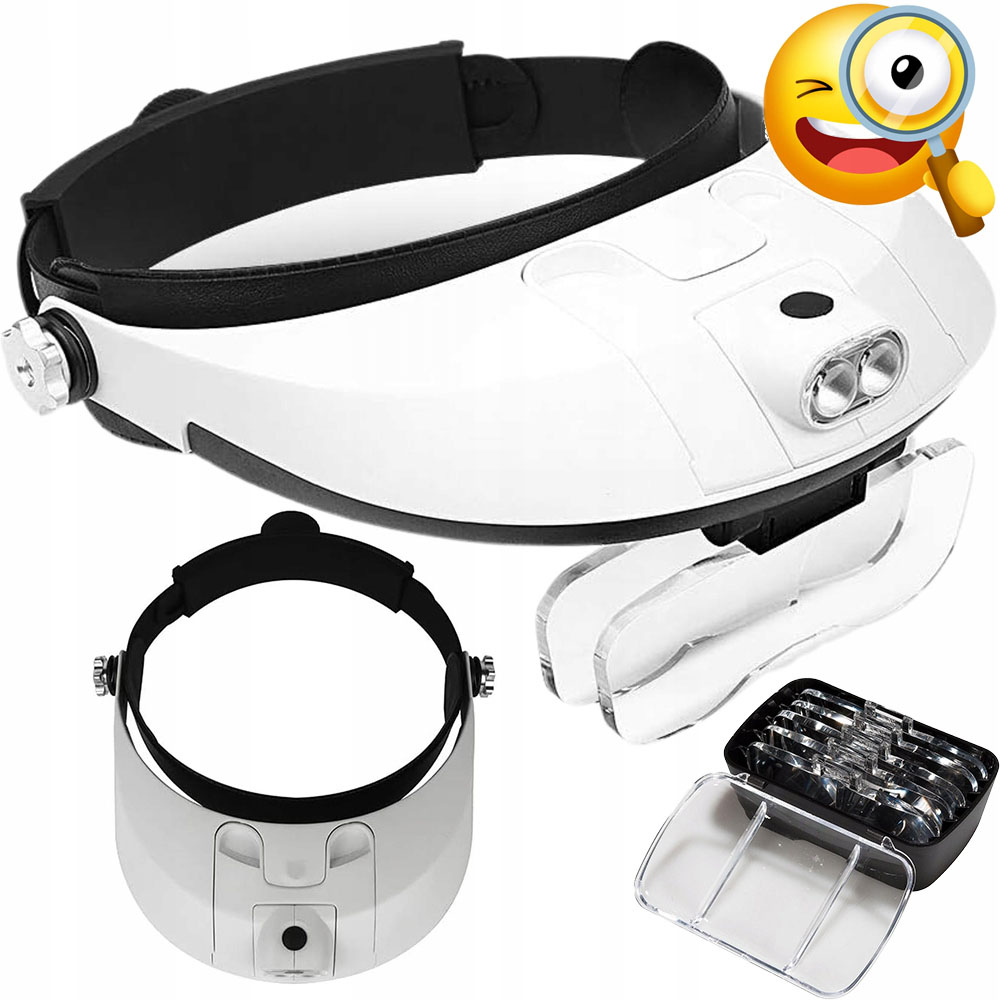 LUPA NAGŁOWNA 2 LED OBRÓT + DEMONTAŻ, 5 SOCZEWEK, AAA, REGULACJA - BIAŁE
