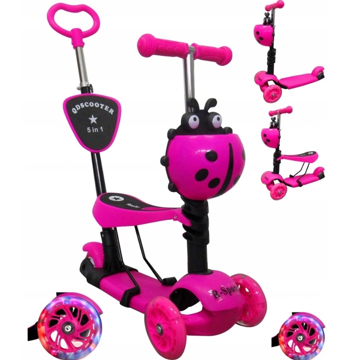 Hulajnoga trójkołowa różowa z regulowanym siedziskiem i Led