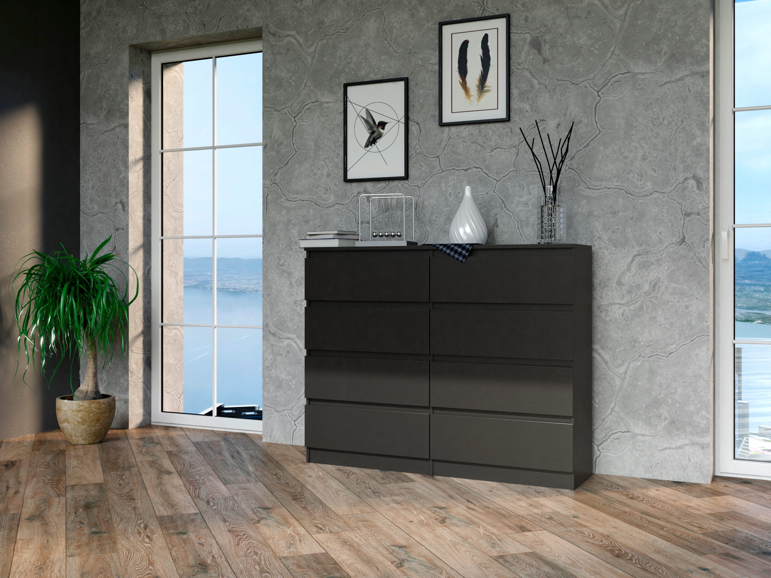 DUŻA KOMODA SZAFKA 8 SZUFLAD 120CM * KOLOR CZARNY Kolekcja MALWA