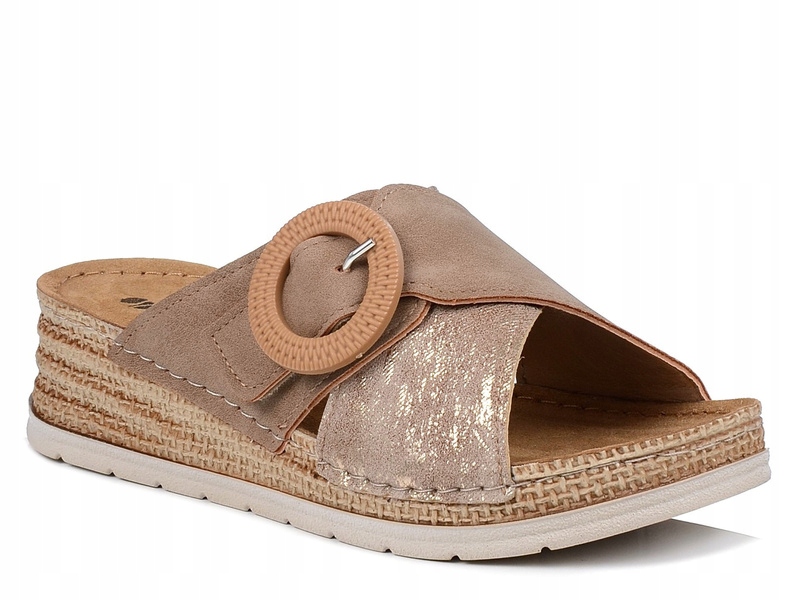 Klapki damskie na niskim koturnie skórzana wkładka Inblu RV-12 brązowe 36