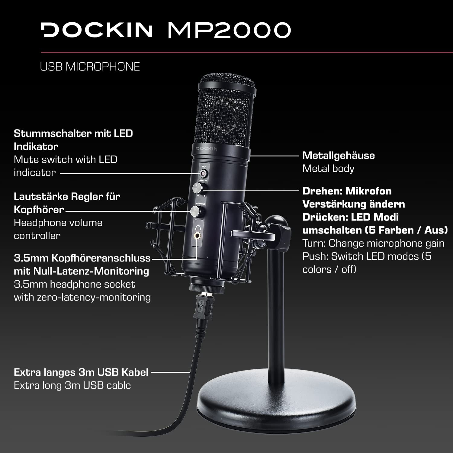 DOCKIN MP2000 Mikrofon USB Do PC Gaming Podcast Streaming Nagrywanie — miniatura 8
