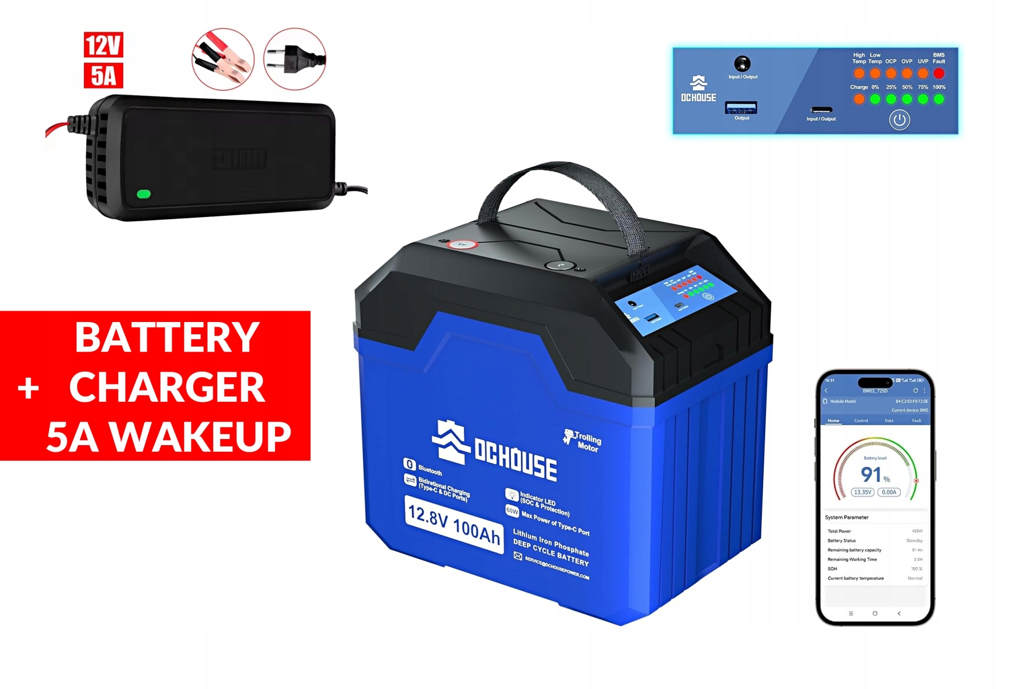 LiFePo4 baterie pro rybáře 12V 100Ah s bluetooth a nabíječkou 5A WakeUp