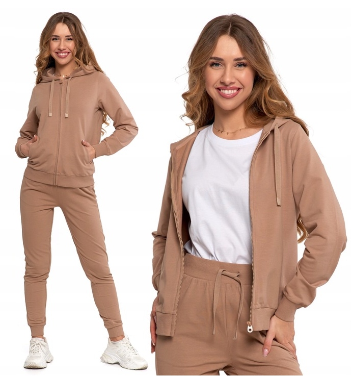 Bawełna Dres damski Rozpinany spodnie bluza Kaptur komplet 5005 beige XXL