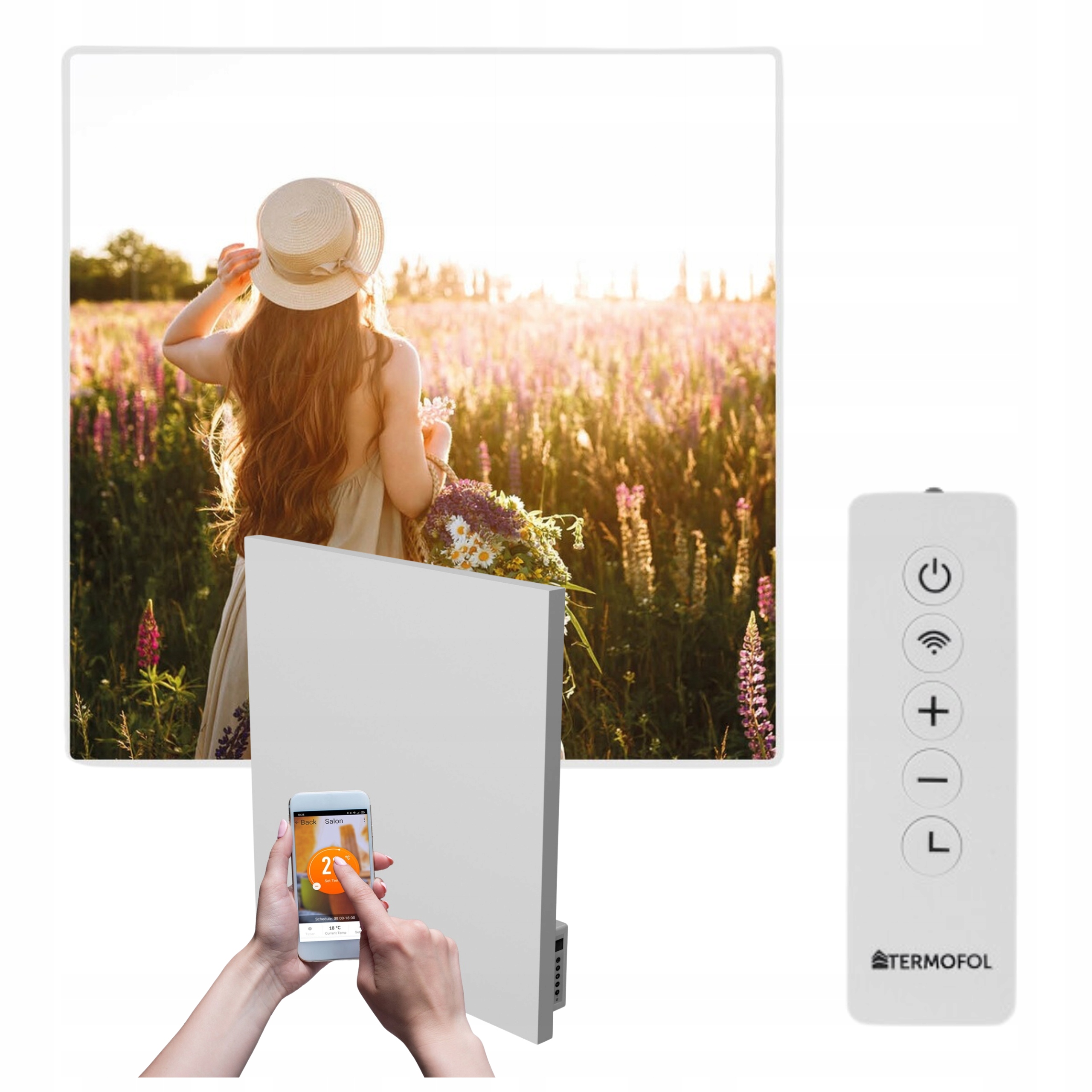 Infračervený ohrievač obraz lúka žena kvety 350 W 60x60 cm WiFi