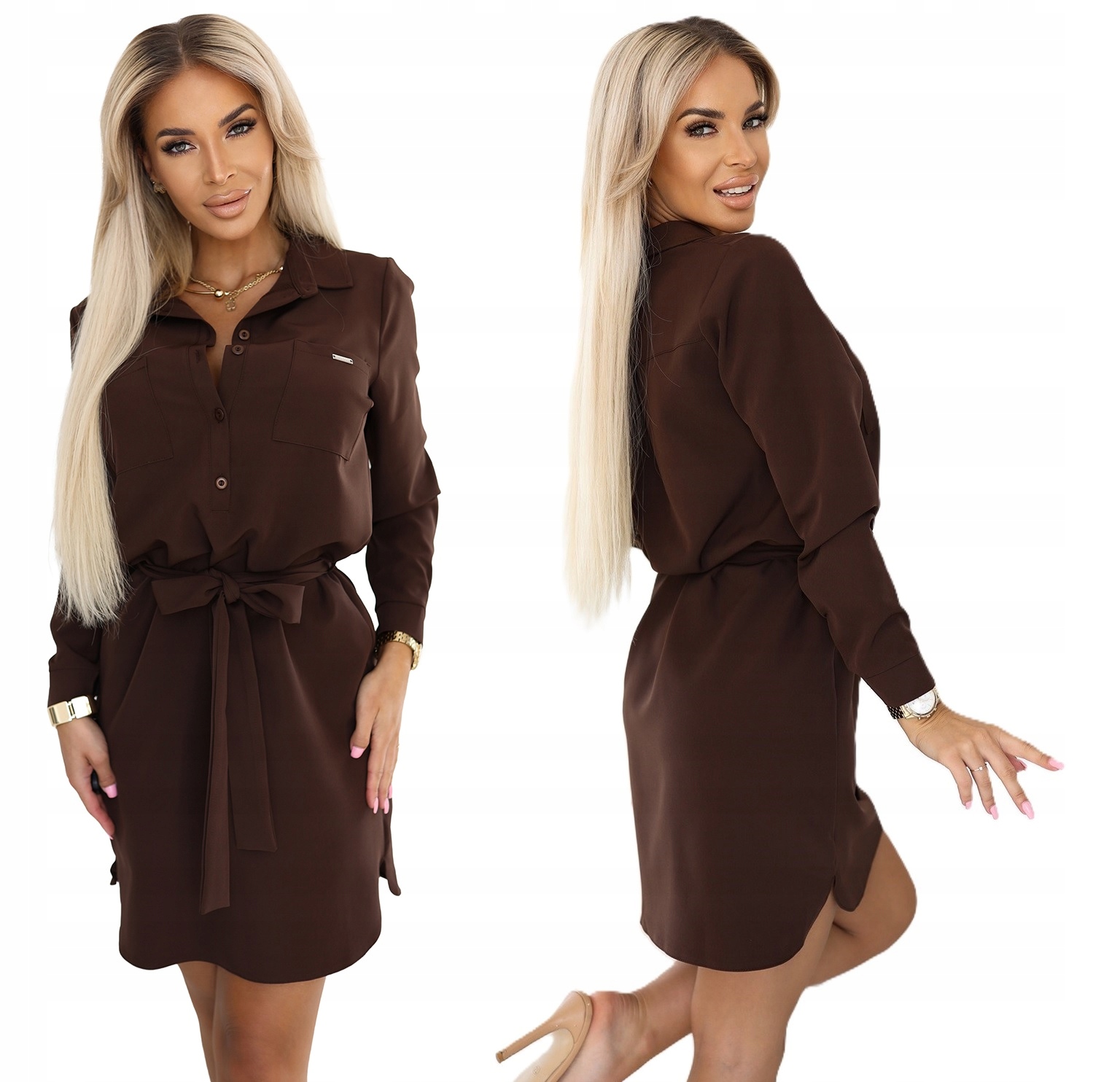 Skvělá Košilová Šaty S Kapsami Na Límci, Čokoládová, Velikost XL