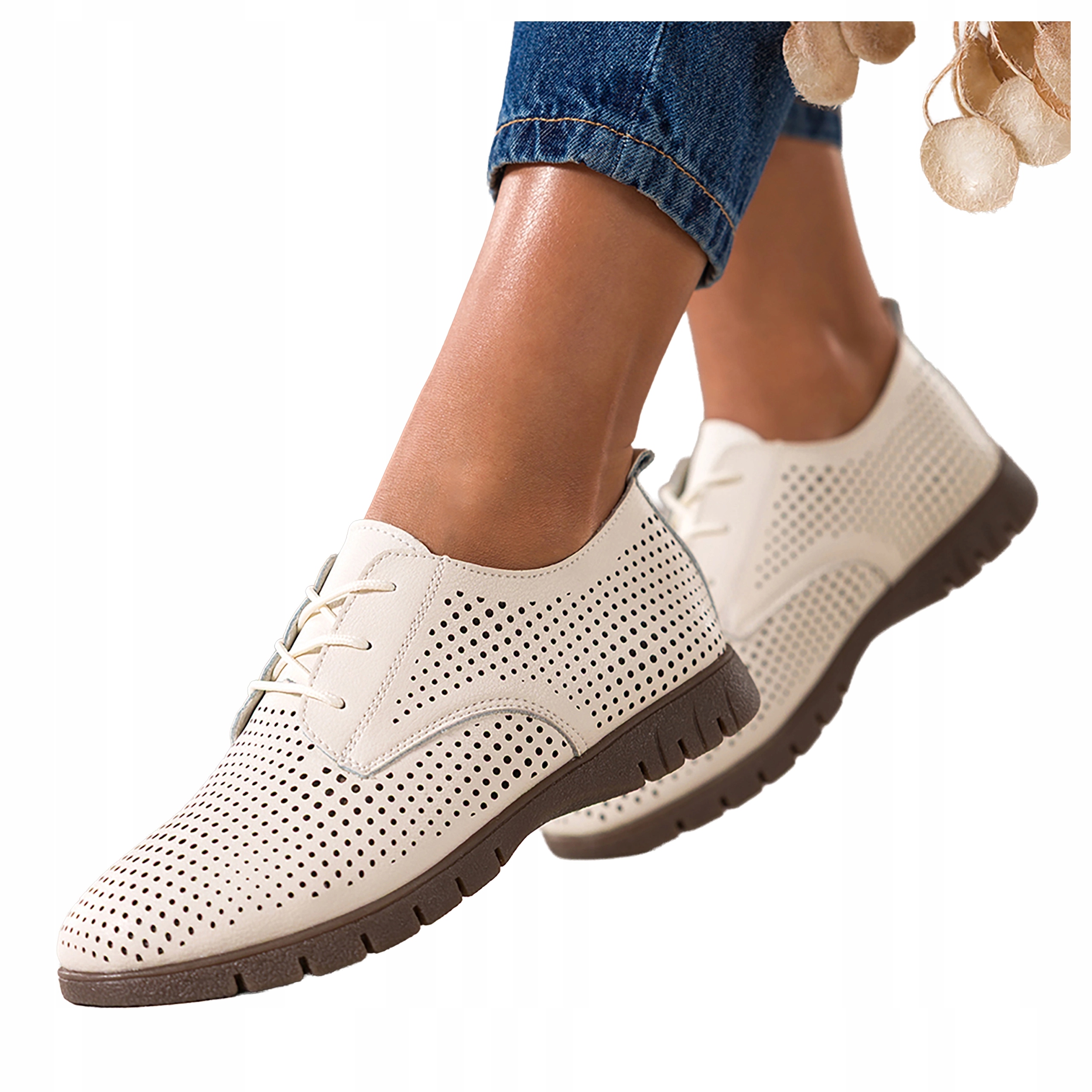 Béžové dámské ažurové Šněrovací Polobotky Elastická kožená podrážka vel 40