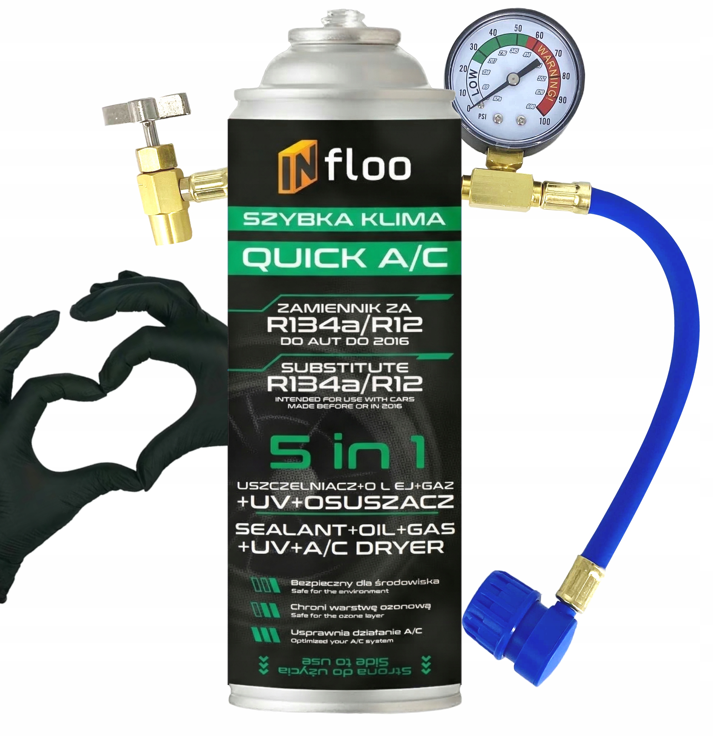 INfloo Szybka Klima R134a Gaz Olej Uszczelniacz UV Osuszacz 5w1 + PRZEWÓD