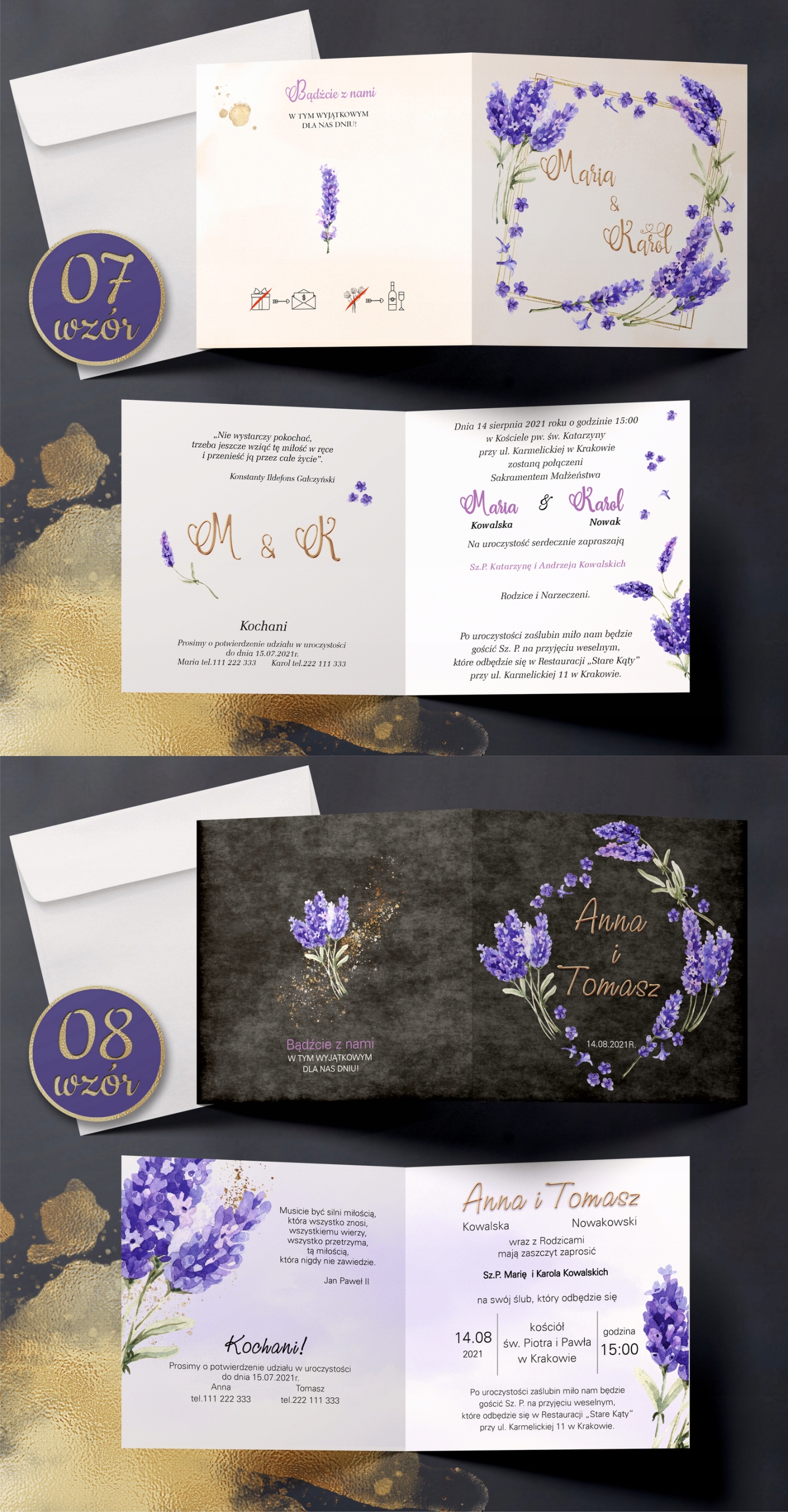 Zaproszenia ślubne LAWENDA koperta PAPIER PERŁOWY Grubość papieru 250 g