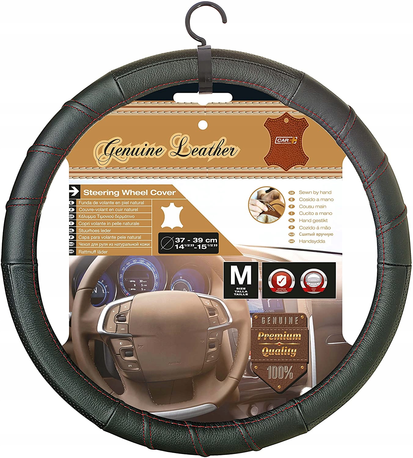 POKROWIEC KIEROWNICY 37-39cm CZARNY czerwona nitka