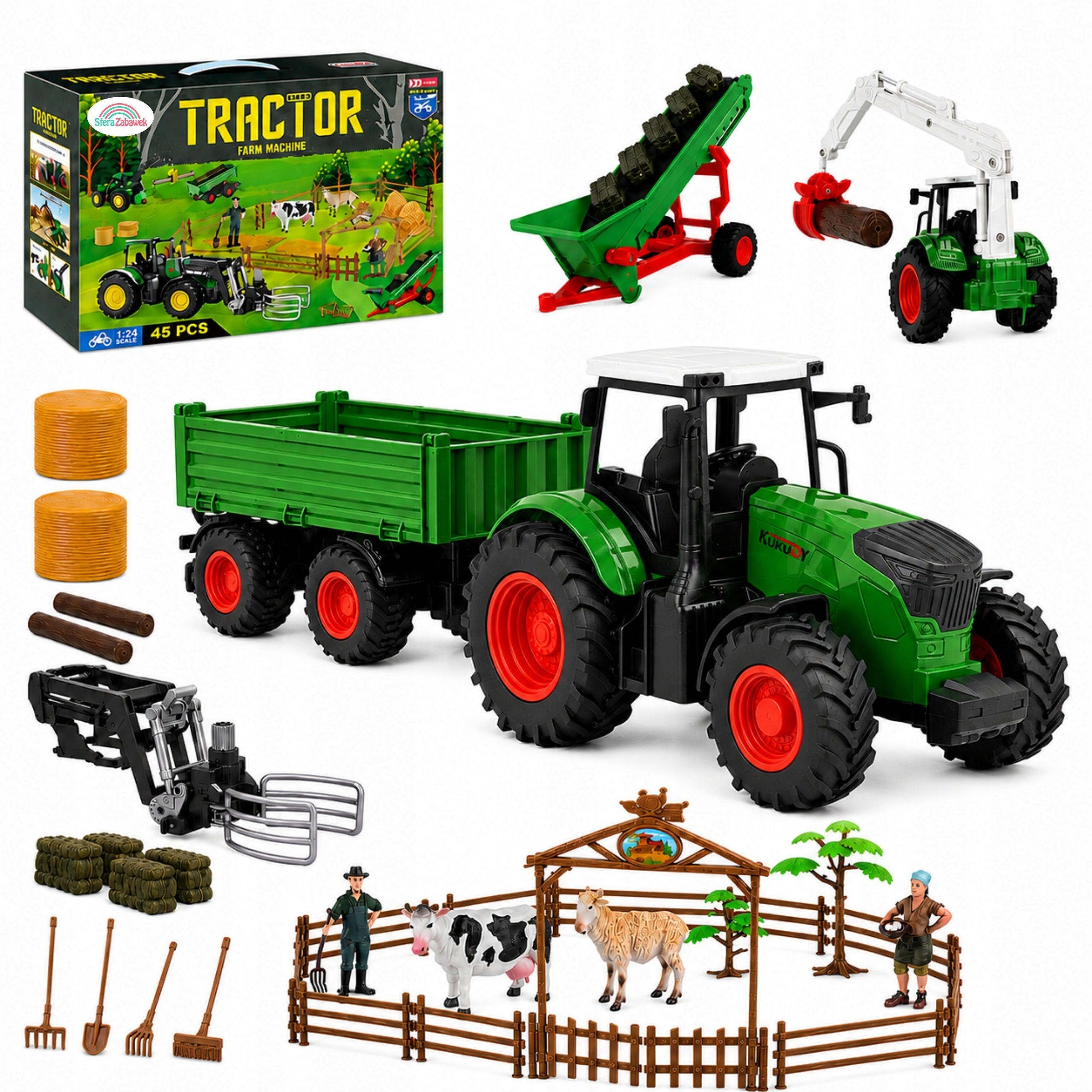 Zestaw Farma Traktor Przyczepa Ciągnik zagroda Maszyny Rolnicze Zwierzęta F