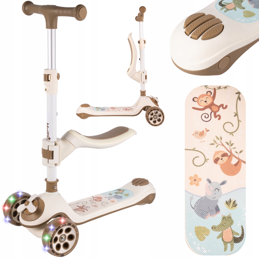 Hulajnoga Trójkołowa z Siedziskiem Wiatraczek Koła Led z Hamulcem Beżowa