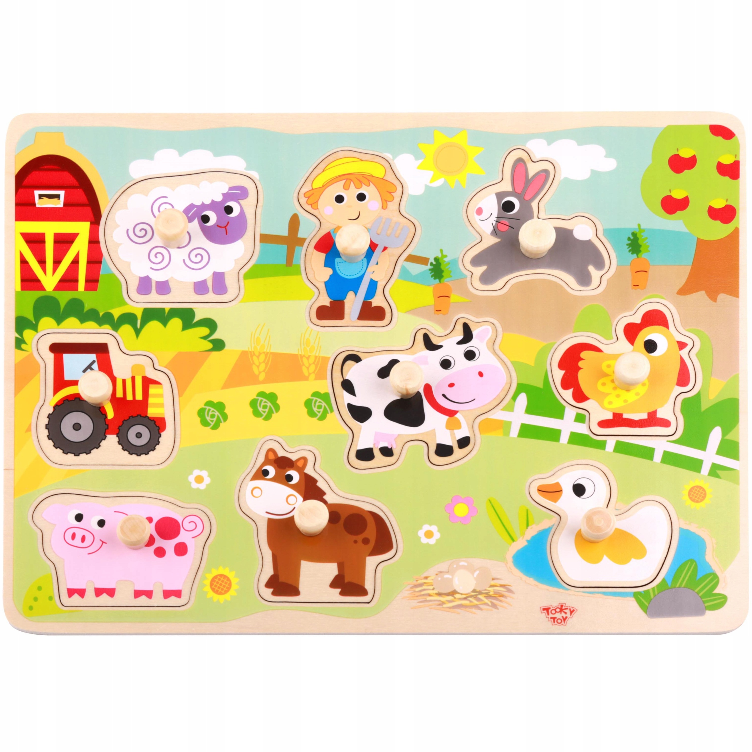 DREWNIANE PUZZLE MONTESSORI FARMA Z PINEZKAMI DOPASUJ KSZTAŁTY TOOKY TOY Liczba elementów 9