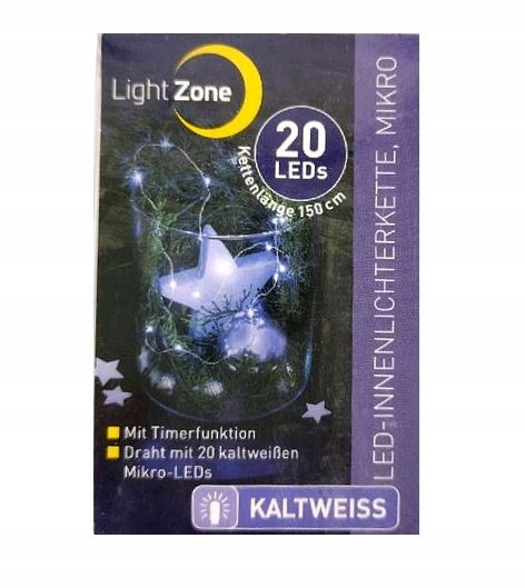 

20szt Mikro Led łańcuch 1,5m 3AA timer Białe Zimne