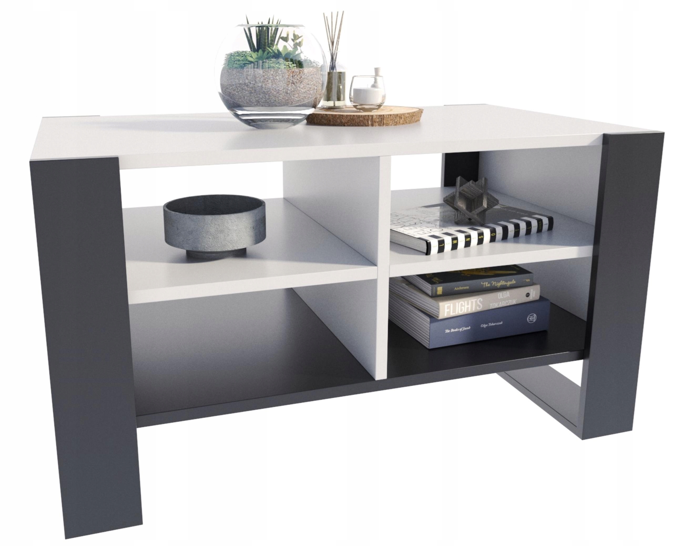 Lavica konferenčný stolík Figa biely-čierny stôl s poličkou a policami loft, úložný priestor Per