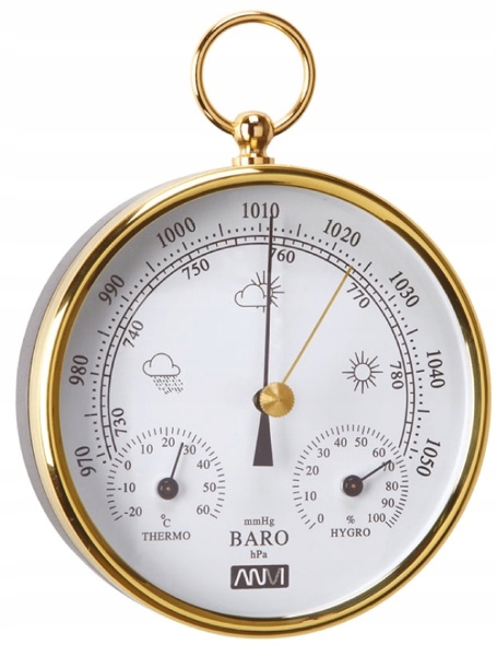 Miniatúrna meteostanica, o 110 mm v mosadznej väzbe: barometer,