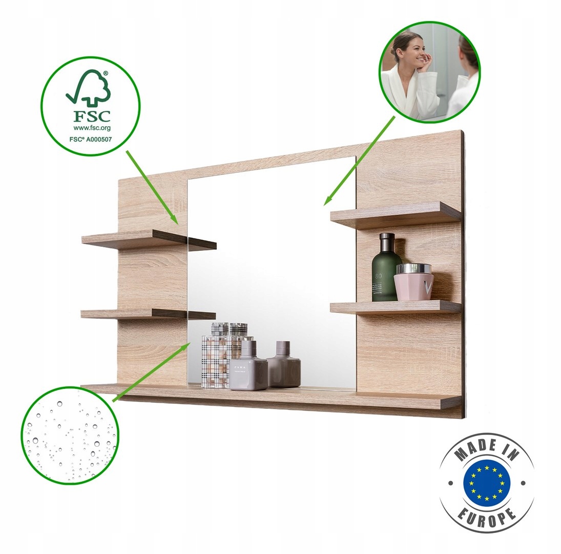 Lustro ścienne DĄB SONOMA 5 półek do łazienki 80cm Kształt prostokąt