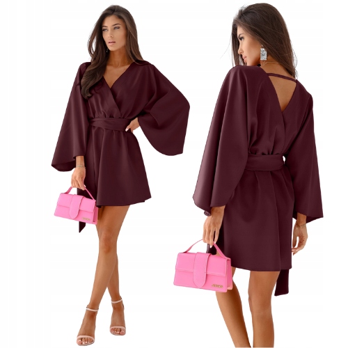 Sukienka Mini Z Przekładanym Dekoltem Bordowa