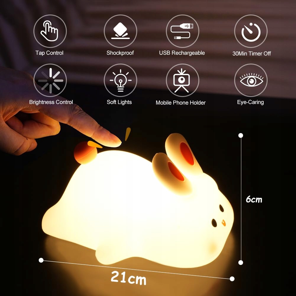 URAQT Silikonowa Lampka Nocna Dla Dzieci Królik LED USB Dotykowa Regulacja — miniatura 4