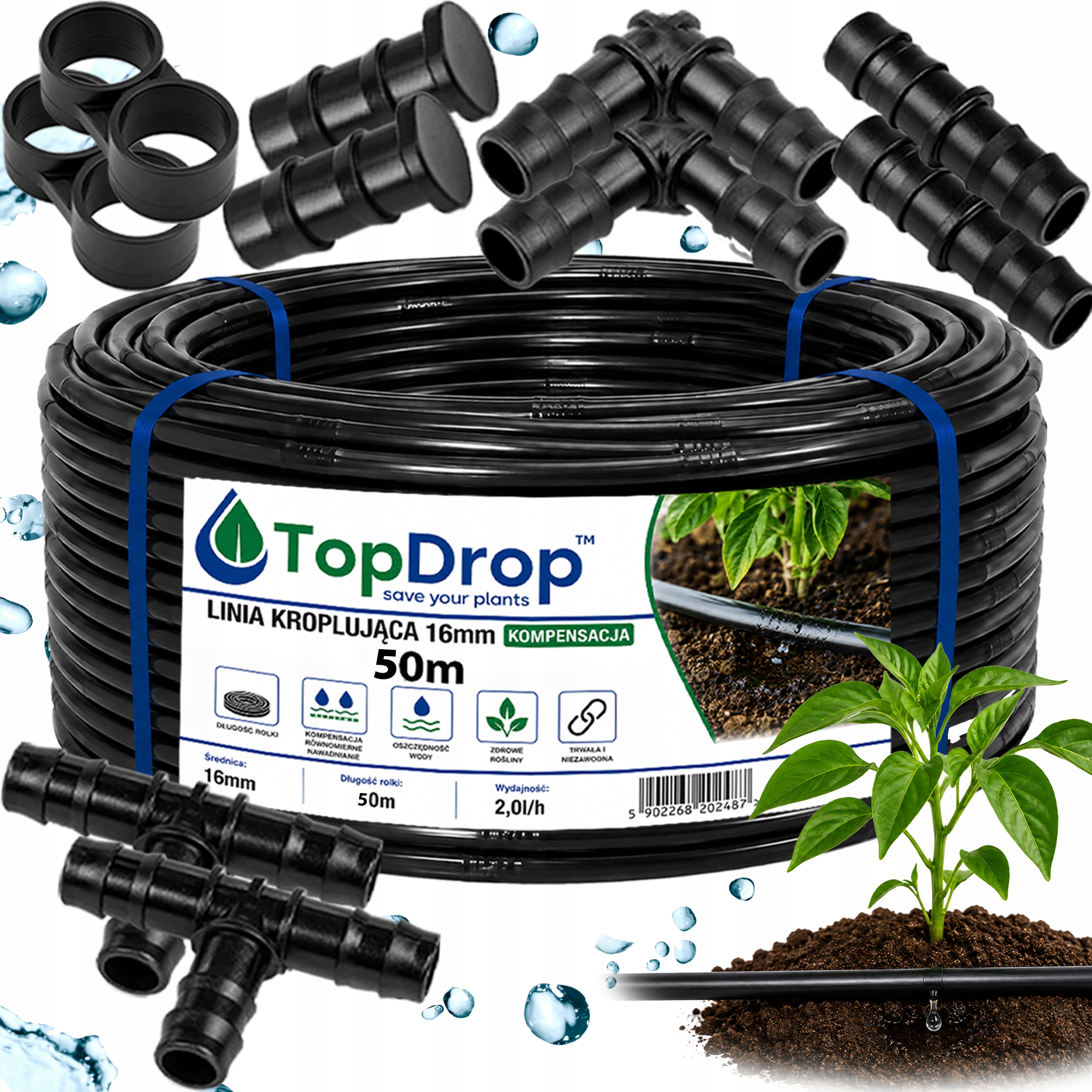 Linia Kroplująca 50m Z Kompensacją Wąż Kroplujący +10 el. System Rura 16mm