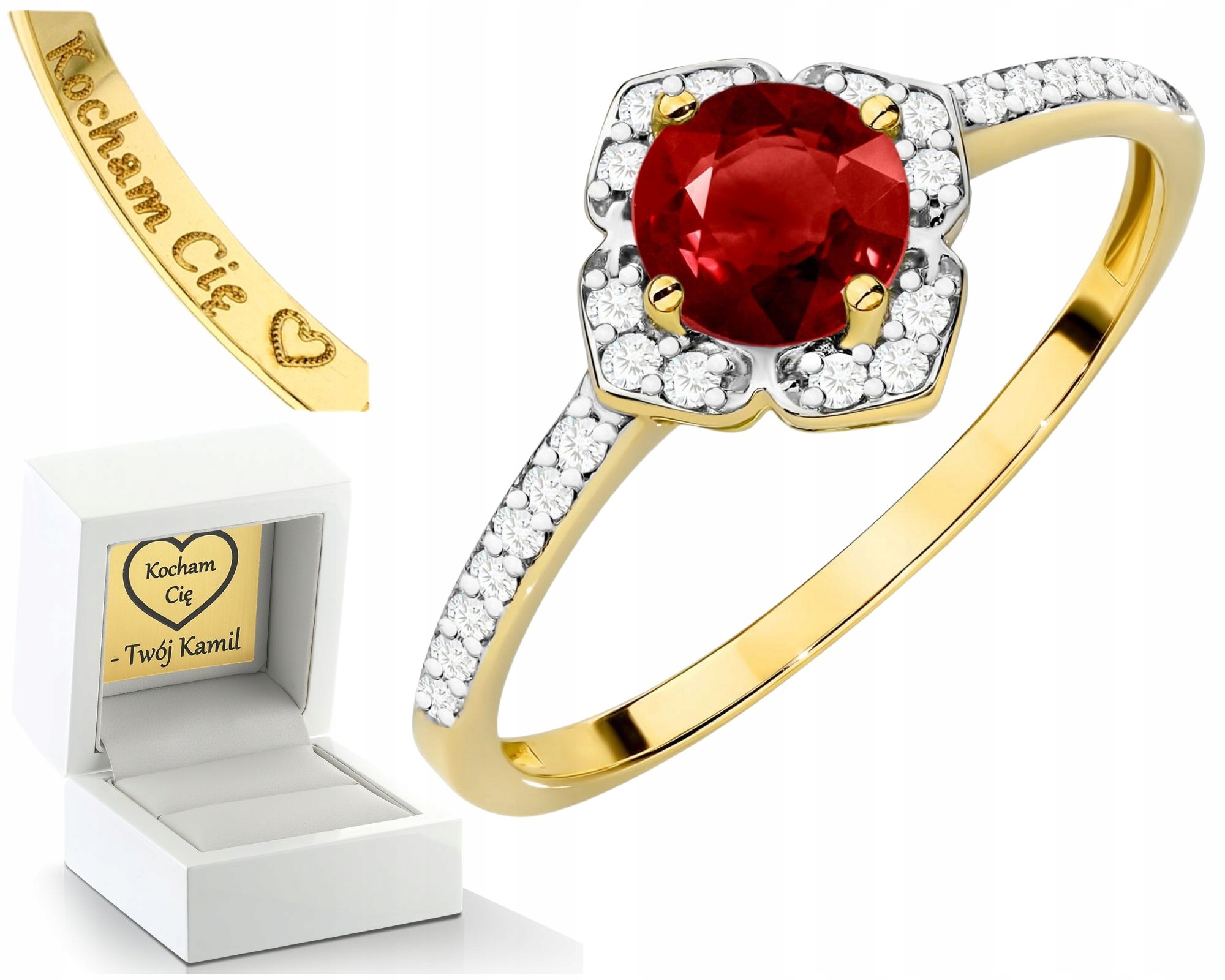 Prstýnek Prsten S Granátem A Diamanty 585 14K Zlato Jako Gravírování Dárek