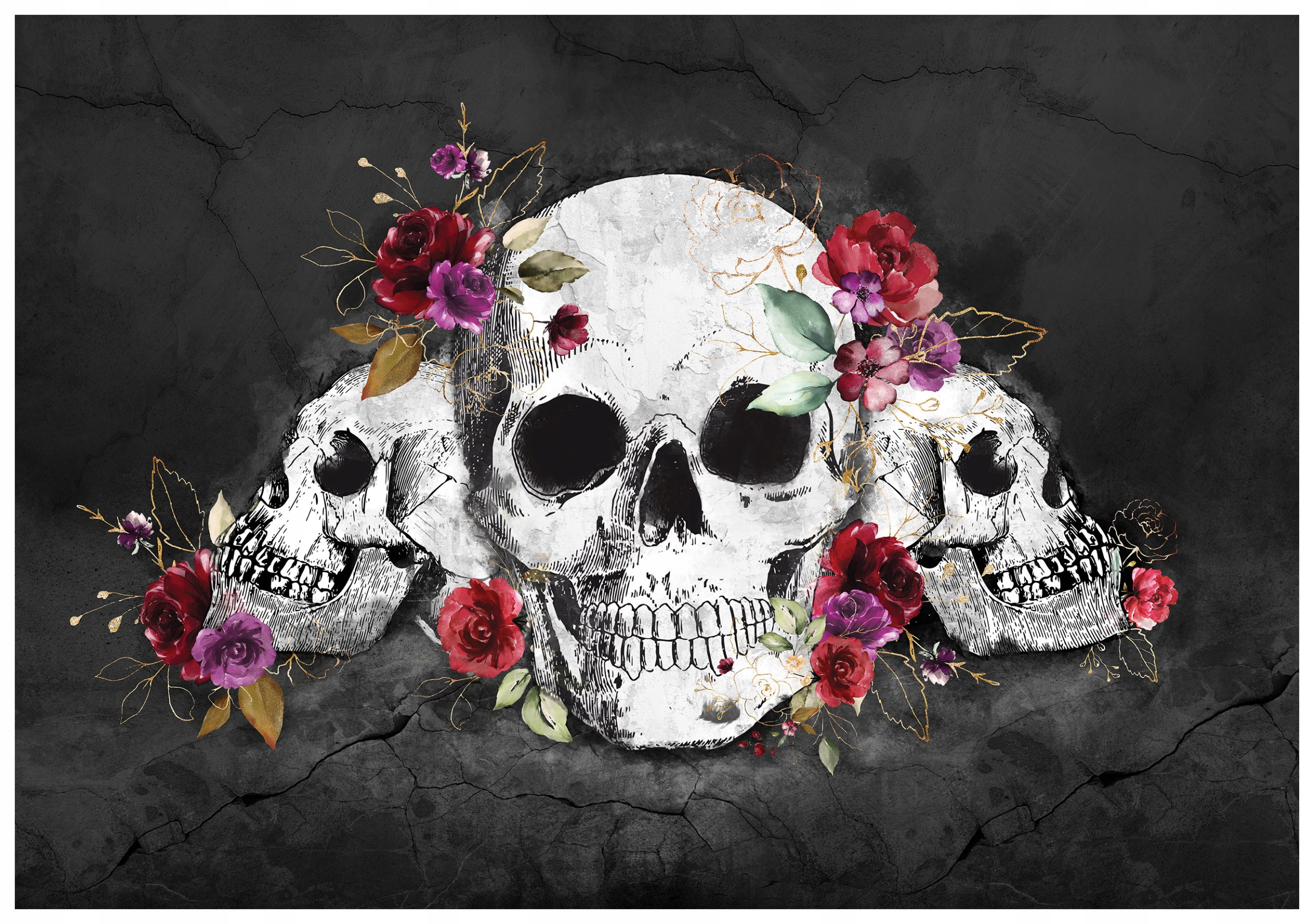 Vliesová fototapeta Lebky Růže Tmavé pozadí Gotika Vintage 416x254 lepidlo