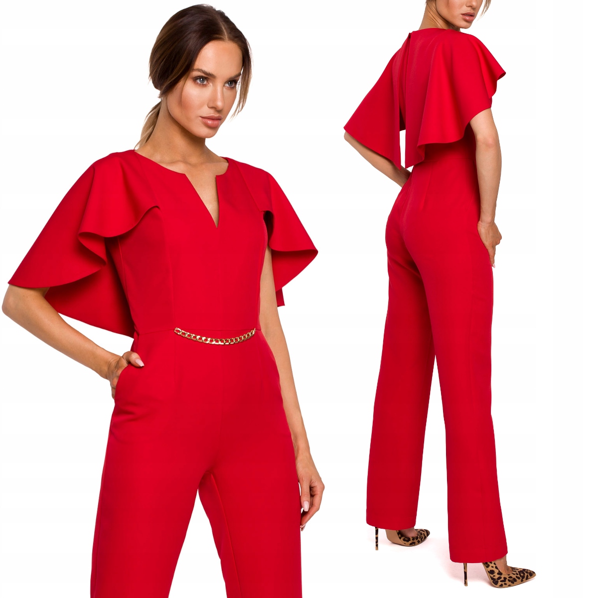 KOMBINEZON ELEGANCKI DAMSKI KOBIECY DOPASOWANY PIĘKNY FASON CZERWONY 42 XL