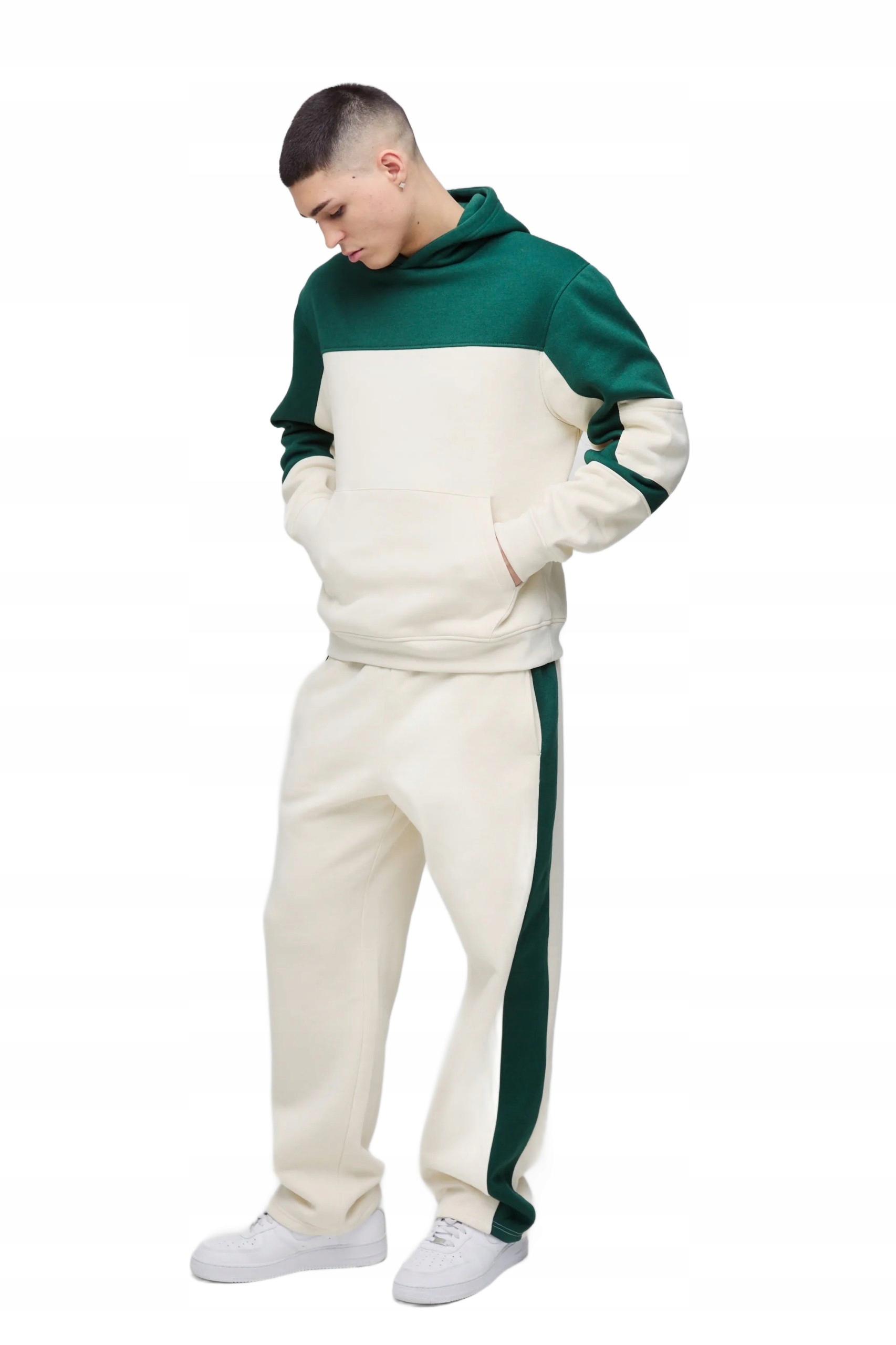 Boohooman Pánský Teplákovka Komplet S Kapucí Krémový Se Zeleným Pruhem S Z3A