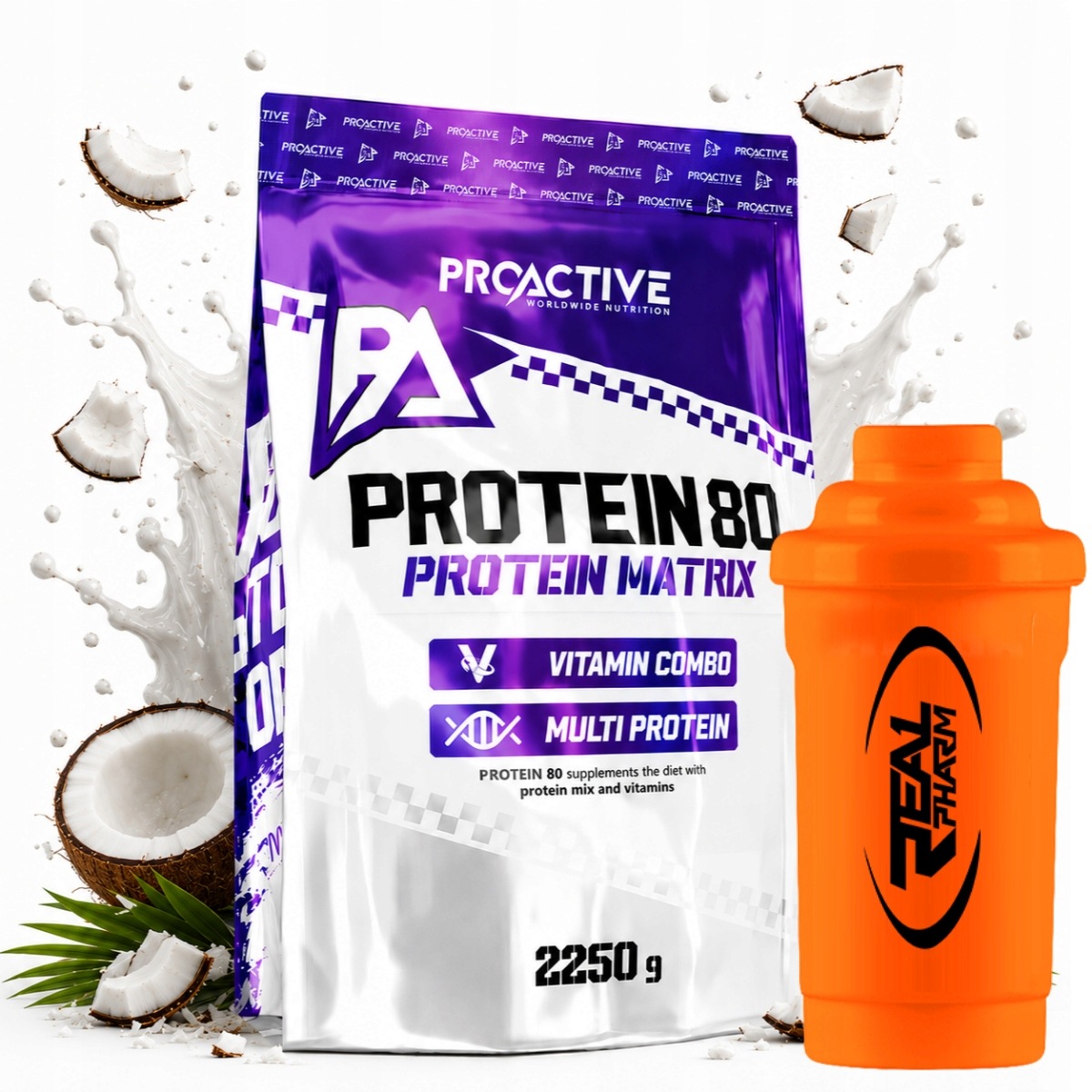 Bílkovina mix bílkovin ProActive Protein 80 2250 g Kokos Shaker Real Pharm