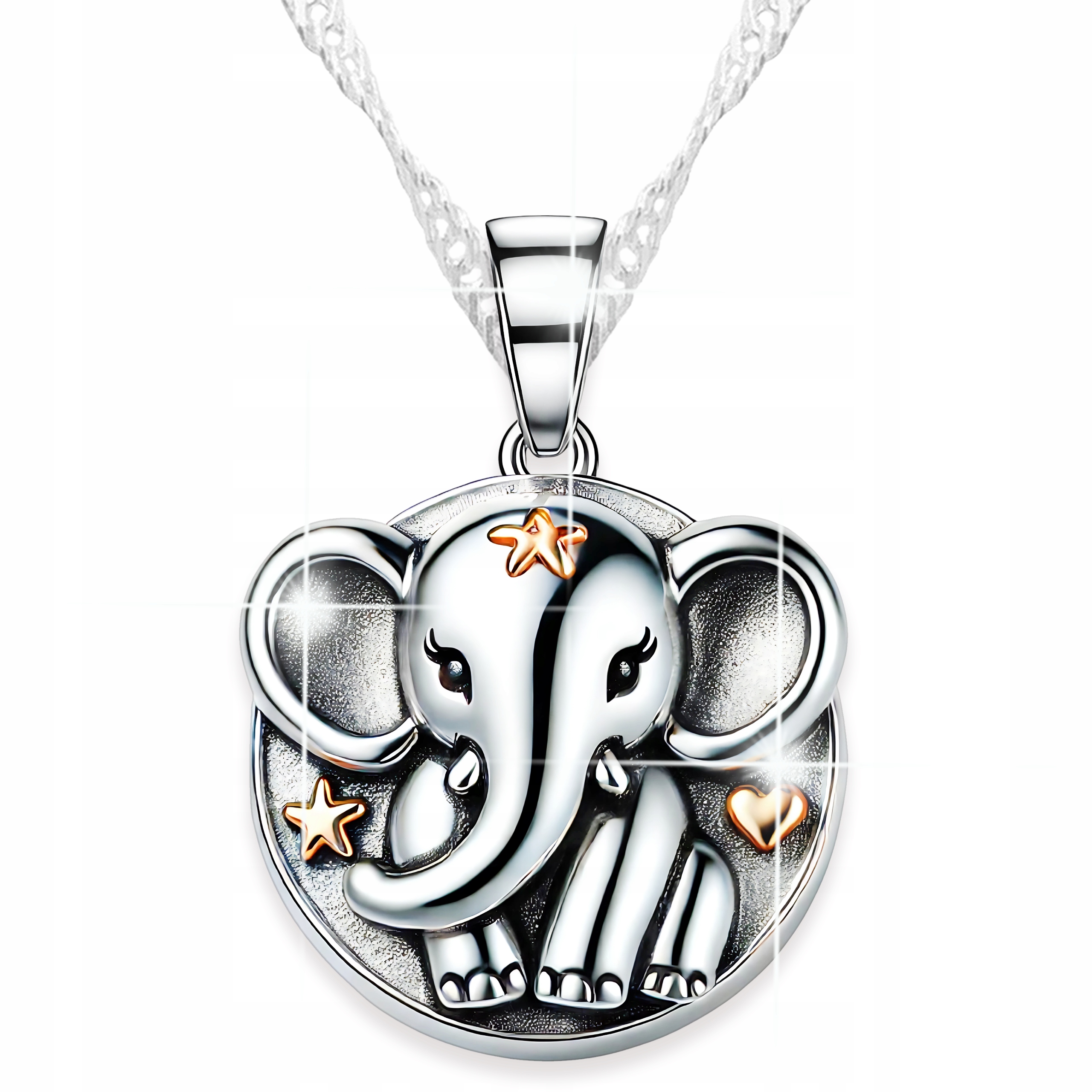 Stříbrný náhrdelník Kulatý Přívěsek se slonem pro štěstí Slon Stříbro 925