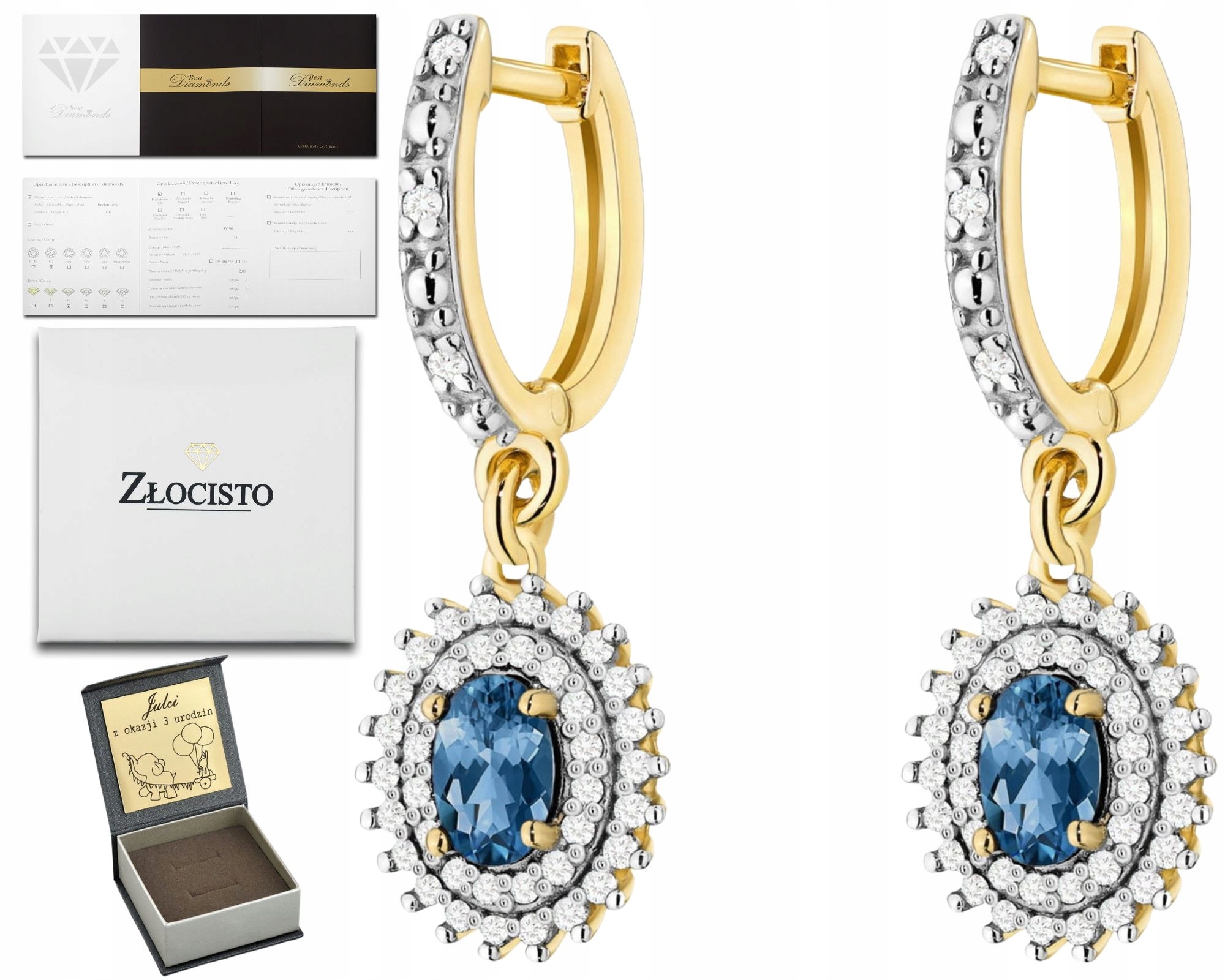 Zlaté Náušnice Přírodní Kámen Topaz London Blue Diamanty Zlato 585 14K