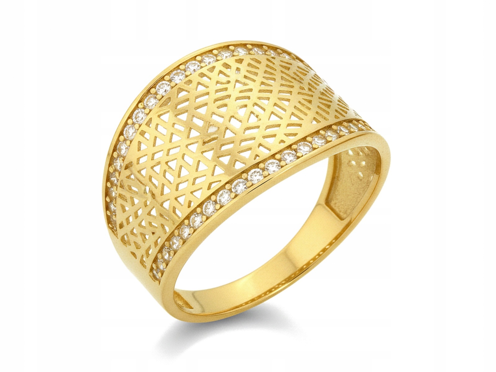 Zlatý prstýnek 585 Široký, prolamovaný s Bílými 2.43g zirkony r16