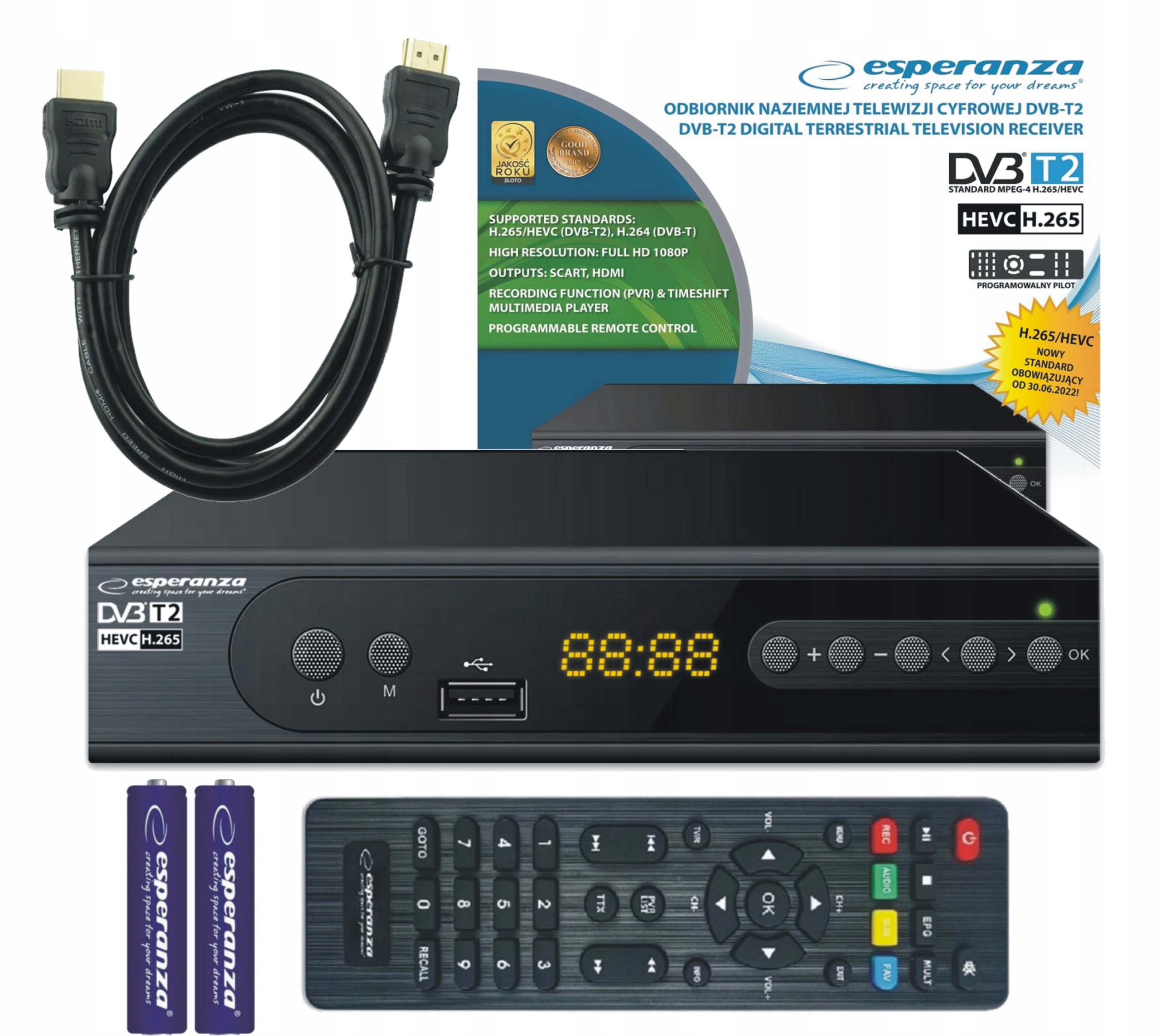 Tuner dekoder cyfrowy TV HD DVB-T2 HDMI H.265 HEVC + KABEL HDMI + Baterie