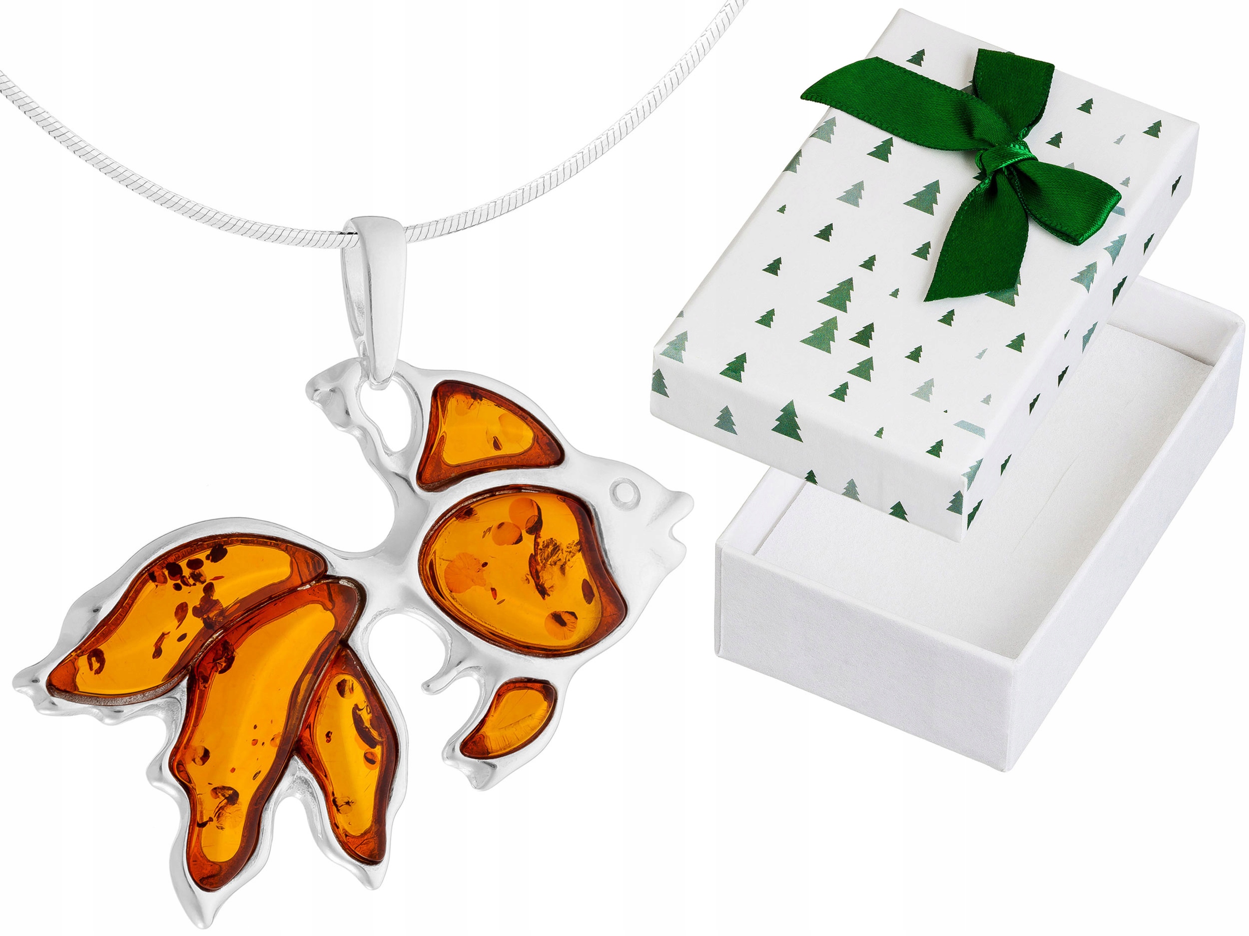 Velký Stříbrný Náhrdelník Ryba s Jantarem Zlatá Rybka Krátký Choker 32 cm