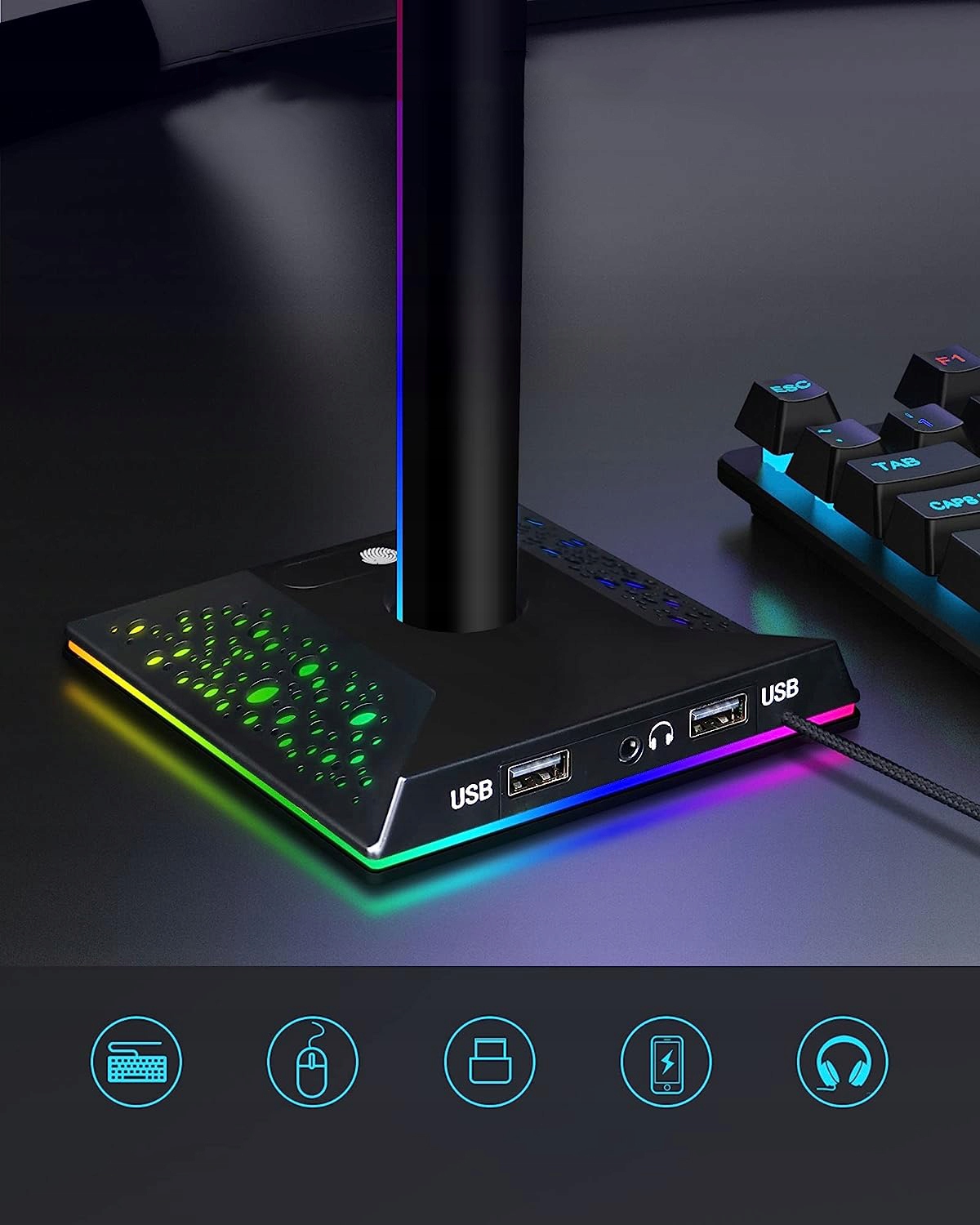 STOJAK NA SŁUCHAWKI GAMINGOWY RGB LED USB Kolor dominujący czarny