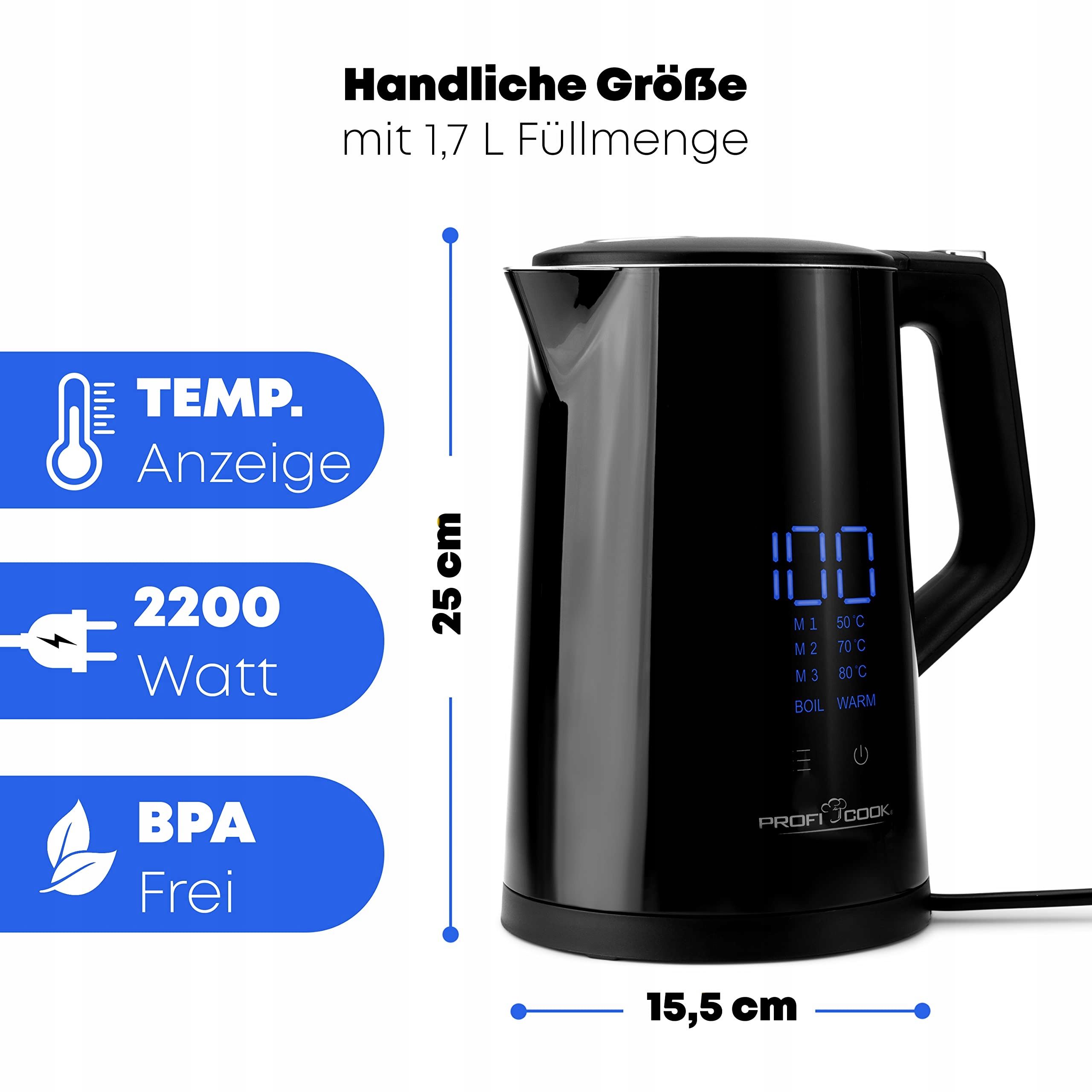 PROFICOOK Czajnik Elektryczny 1,7L Regulacja Temperatury 50-100C BPA Free — miniatura 4