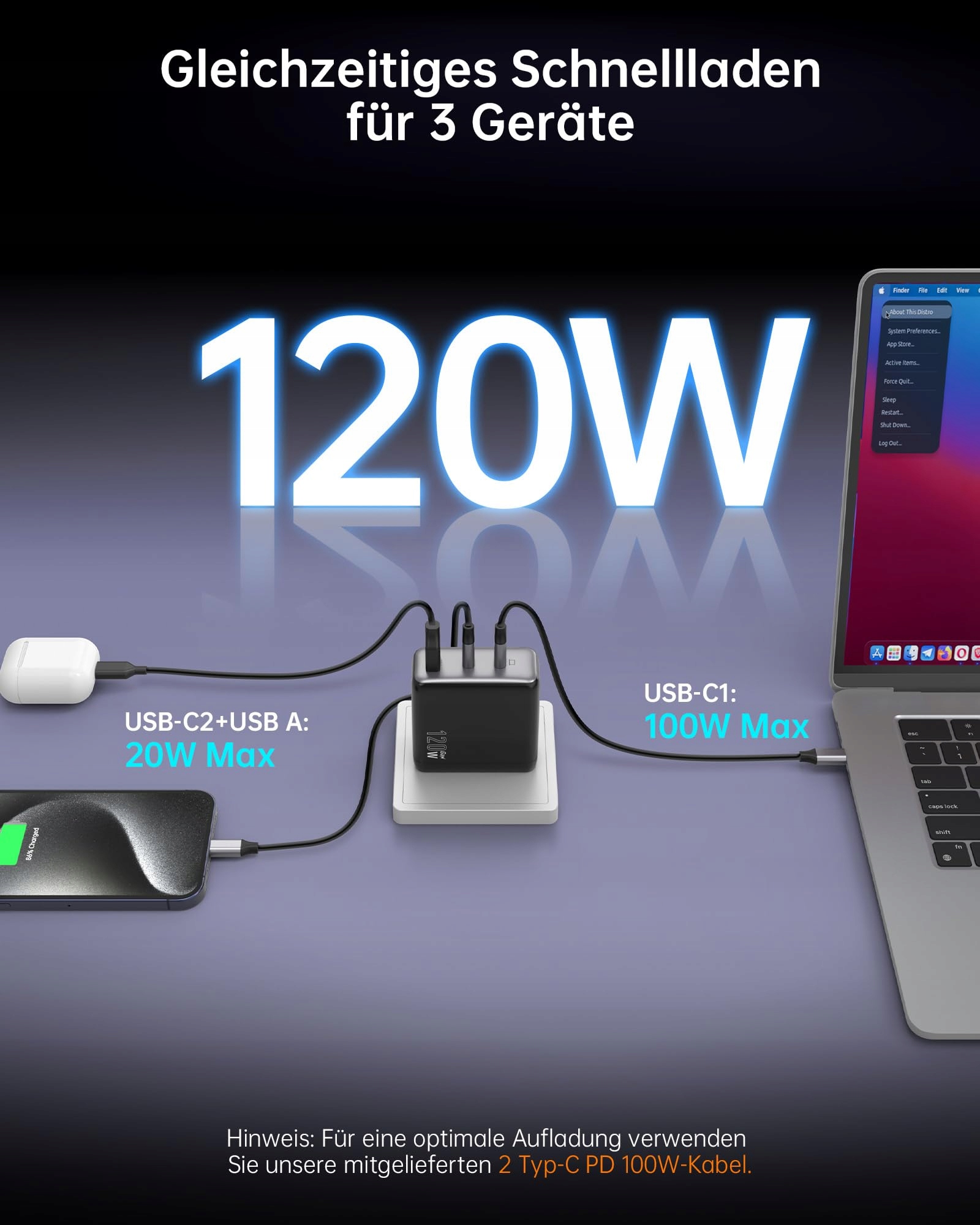 Ładowarka USB C 120 W NOVOO GaN – ładowarka 3-portowa USB C — miniatura 2