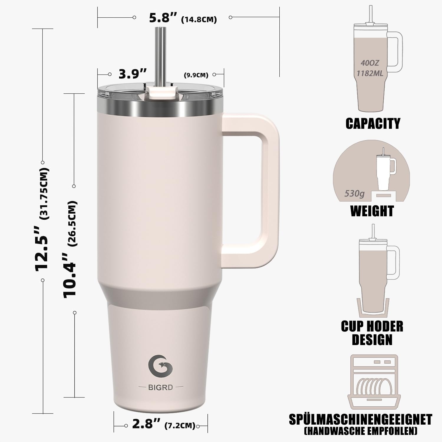 BIGRD KUBEK TERMICZNY 1.18L STAL NIERDZEWNA Z UCHEM I SŁOMKĄ RÓŻOWY — miniatura 5