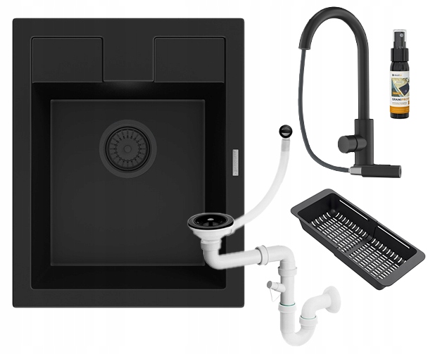 Granitový dřez Best černý, sada Loseto, sifonová baterie, odkapávač