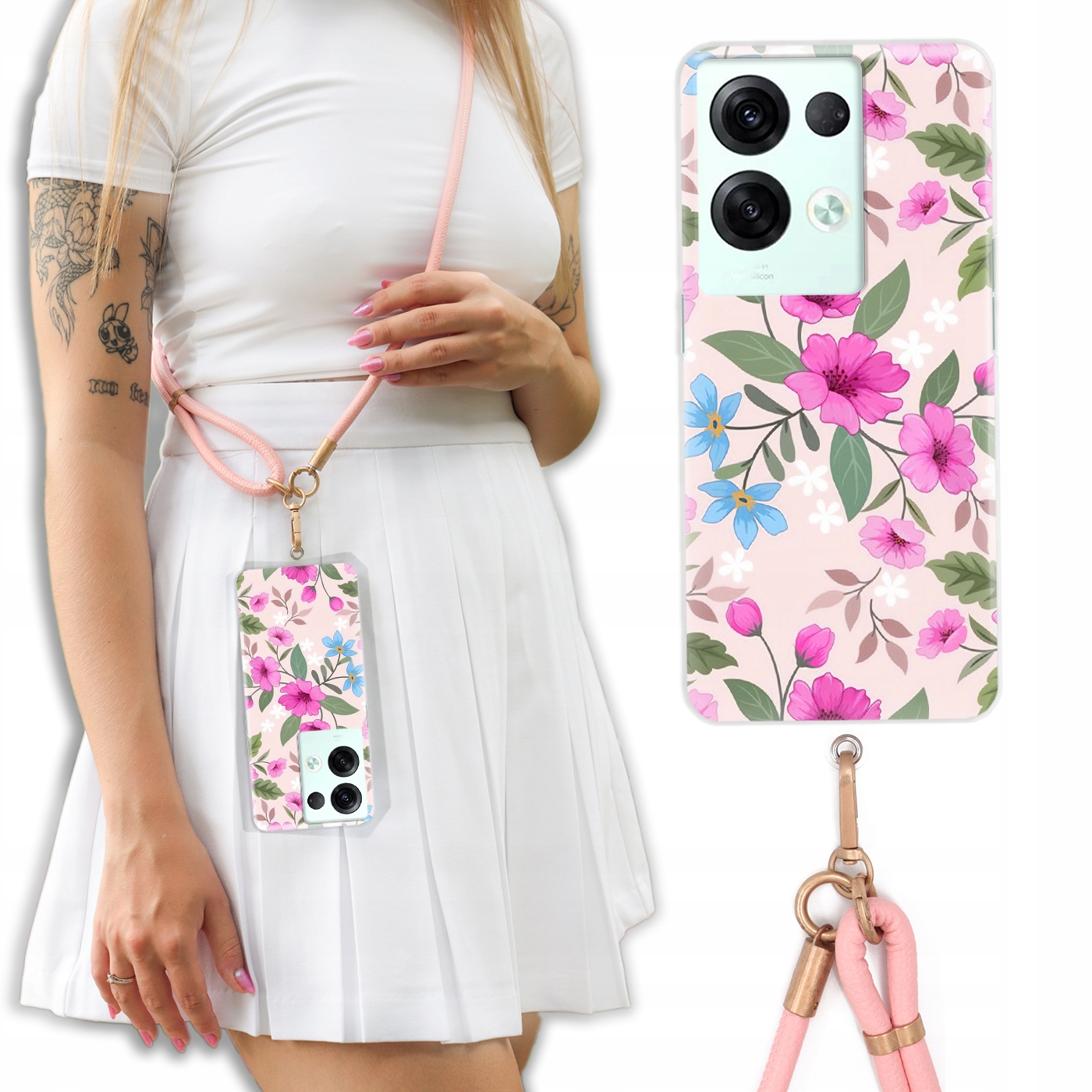 Pouzdro Pro Oppo Reno 8 Pro Case Crossbody Květinové Jaro Vodítko Kůže Růžová Vz
