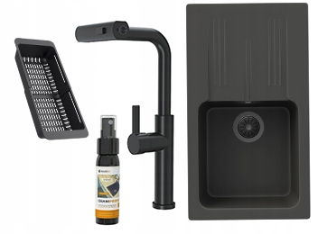 Dřez Granitové Jednokomorové Černé Ada Baterie Giro Sifon Košík