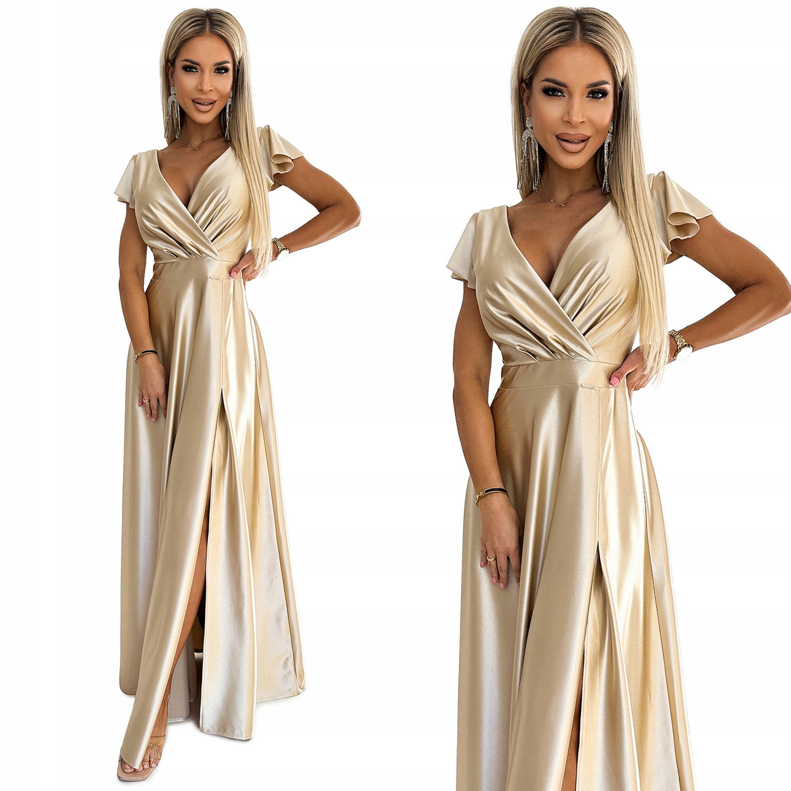 SUKIENKA SUKNIA WIECZOROWA MAXI DŁUGA Z RĘKAWKAMI SATYNOWA ZŁOTA BEŻOWA 44