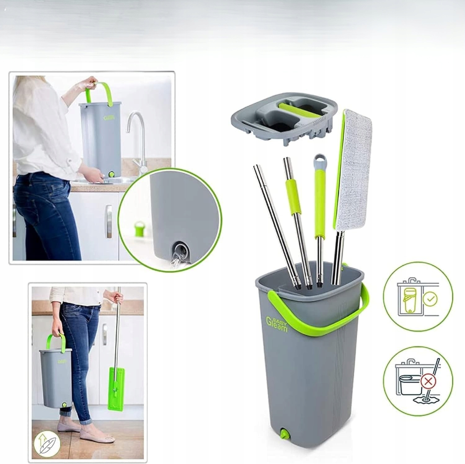 Levně Plochý Mop Se Ždímačem A Kbelíkem, Dvoukomorový, Kompaktní, 2 Náplně