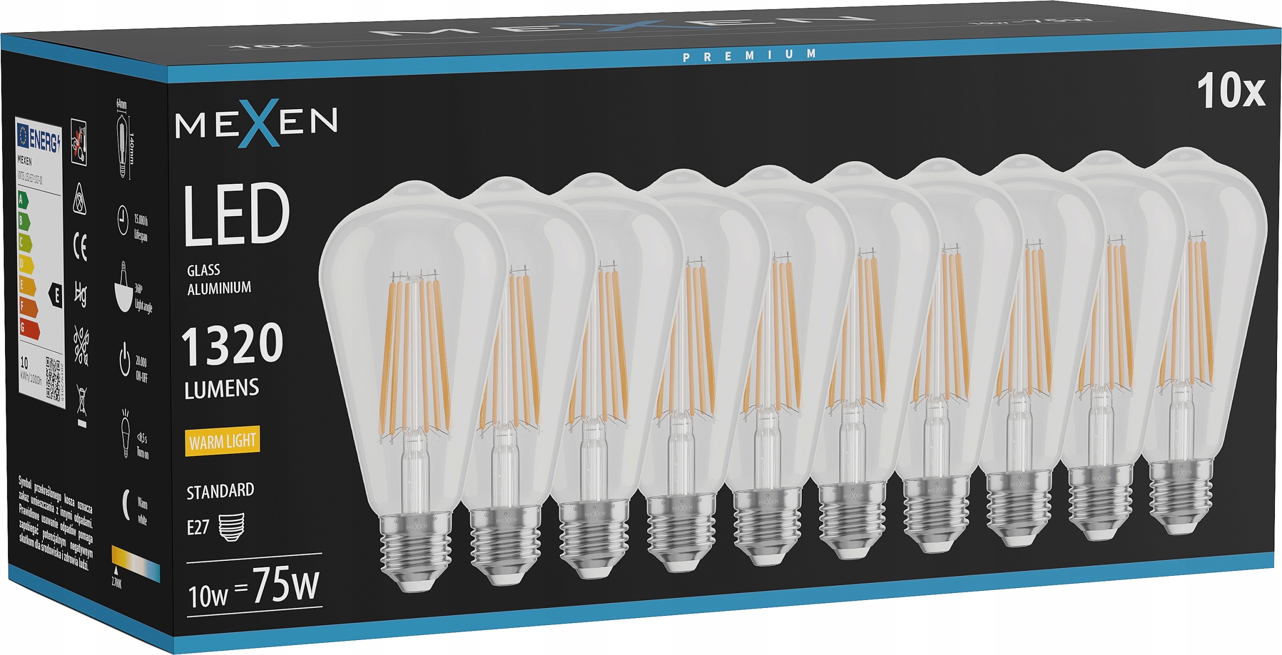 Mexen Vintis 10X Žárovka Filament Led E27 ST64 10W 2700K 1320 LM Clear