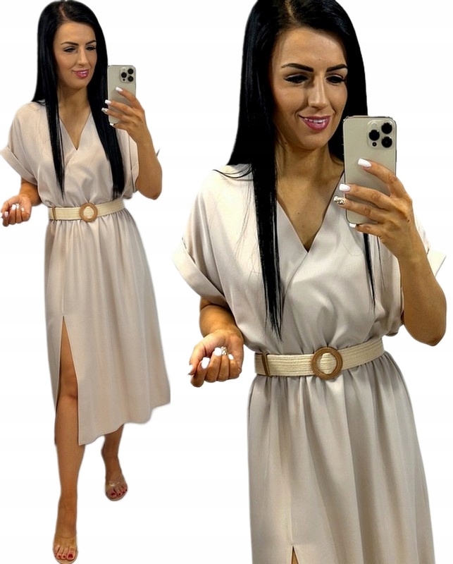 Šaty Letní Vzdušná Letní Midi Kopertový Výstřih Letní Béžová Nude L