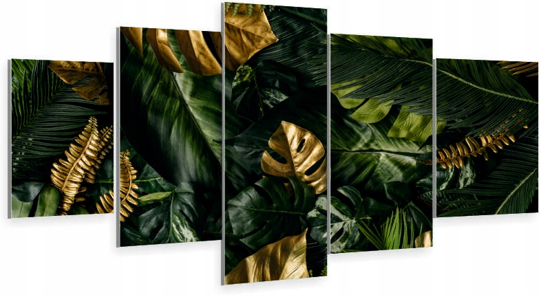 

Tryptyk 5-CZĘŚCI Na Ścianę złote liście monstera