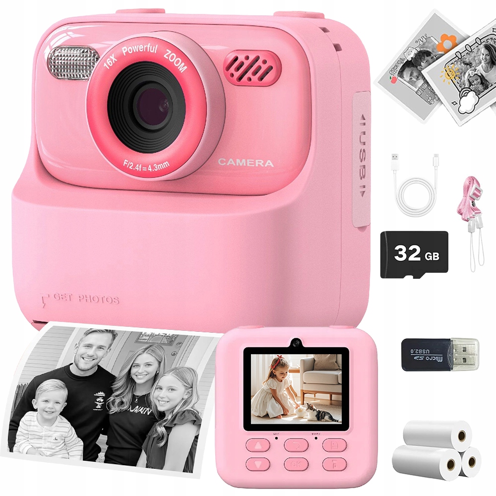 Digitální Instantní Fotoaparát Pro Děti 2 Režimy Tisku 32 Gb 3 Role